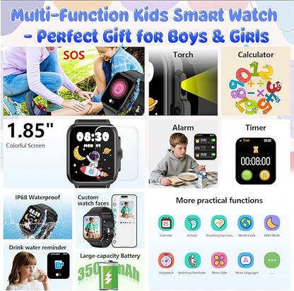 Smart Watch for Kids, 1.85" Fitness Tracker Pedometer Watch, Health, Sleep Monitor, Puzzle Games, Alarm Clock, Camera, Music Player, Torchlight, Activity, Gift Toys for 4 - 13 Years Old Boys and Girls