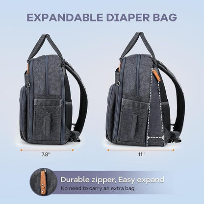 RUVALINO Diaper Bag Backpack-Expandable Baby Bag with up to 50% Capacity -Baby Essentials Bag with Changing Pad Insulated Bottle Holders & Pacifier Case, Waterproof, Dark Gray XL