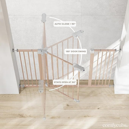 Comfy Cubs Baby Safety Gate with 3 Extensions - Adjustable 42" x 1.9" x 30" Q195 Steel Doorway Barrier - Powder-Coated Finish for Stairs and Doorways - Walk-Through Design Pet Gate - Blush