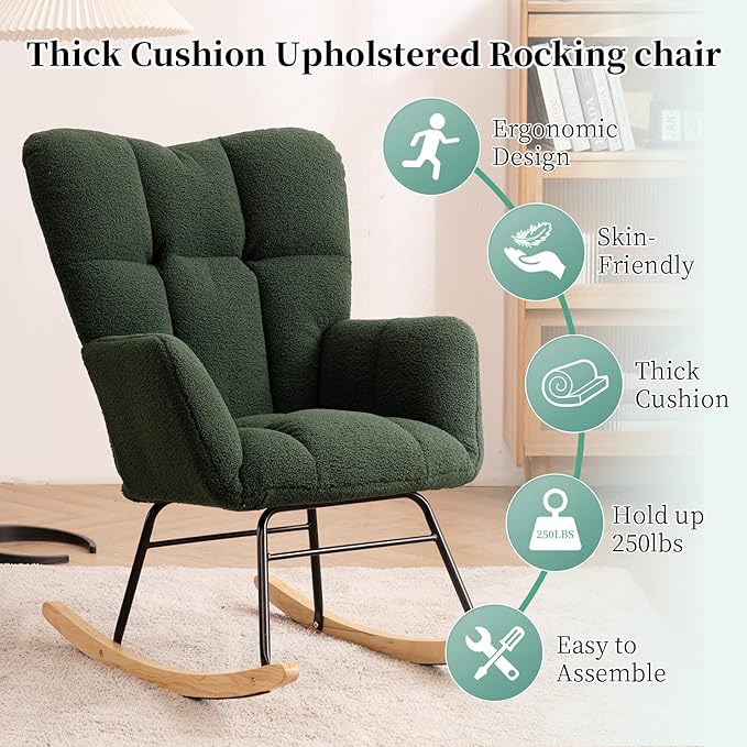 NIOIIKIT Nursery Rocking Chair Teddy Fabric Upholstered Glider Rocker Rocking Accent Chair Padded Seat with High Backrest Armchair Comfy Side Chair for Living Room Bedroom(Green Teddy)