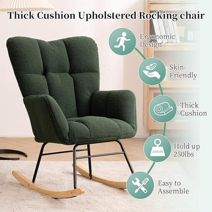 NIOIIKIT Nursery Rocking Chair Teddy Fabric Upholstered Glider Rocker Rocking Accent Chair Padded Seat with High Backrest Armchair Comfy Side Chair for Living Room Bedroom(Green Teddy)