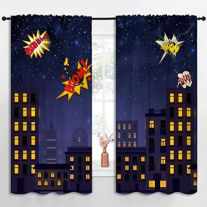 Super Hero Rod Pocket Blackout Curtains for Boy Girl Bedroom, Exploding City Starry Cartoon Skyline Home Energy Efficient Light Filtering Window Curtain for Living Room, 63x63 inch