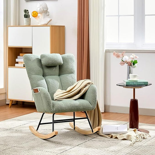 Nursery Rocking Chair,300Lb Glider Chair with Wood Legs/Two Side Pockets,Teddy Upholstered Glider Rocker with Padded Seat High Backrest for Living Room/Bedroom/Nursery