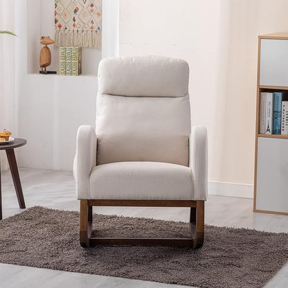 Dolonm Nursery Rocking Chair for Living Room, Upholstered Mid-Century Modern Nursery Rocking Armchair Tall Back Accent Glider Rocker, Beige