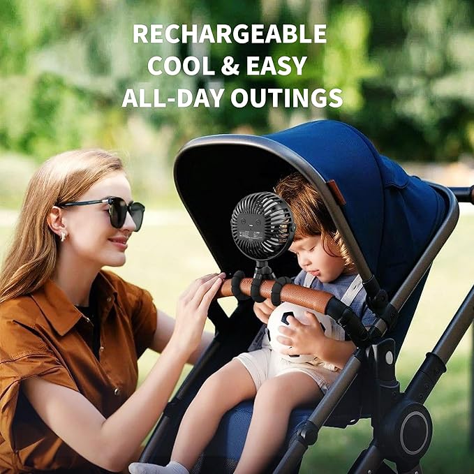 AMACOOL Battery Operated Stroller Fan Flexible Tripod Clip On Fan with 3 Speeds and Rotatable Handheld Personal Fans for Car Seat Crib Bike Treadmill (Black)