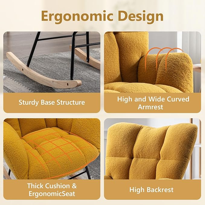 NIOIIKIT Nursery Rocking Chair Teddy Upholstered Glider Rocker Rocking Accent Chair Padded Seat with High Backrest Armchair Comfy Side Chair for Living Room Bedroom Offices (Yellow Teddy)