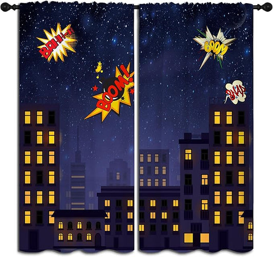Super Hero Rod Pocket Blackout Curtains for Boy Girl Bedroom, Exploding City Starry Cartoon Skyline Thermal Insulated Home Window Drapes for Living Room Darkening, 72x63 inch
