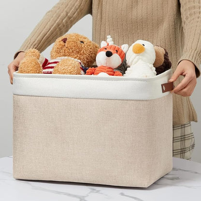 DULLEMELO 2-Pack Large Storage Baskets for Organizing 16"x12"x12" Canvas Fabric Storage Basket Bins With Leather Handles for Shelf Clothes Empty Gift Basket (White&Khaki)