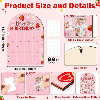 R HORSE 3D Berry First Birthday Wood Photo Display Board, Pink Strawberry Baby's First Year Picture Frame, 1-12 Months Milestone Board Birthday Decorations Keepsake Gift for Baby Girls Nursery Decor