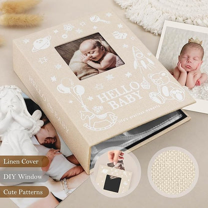 Lanpn Baby Photo Album 4x6 100 Pockets 2 Packs, Mini Linen DIY Window Photo Book Newborn Bebe Album Memory Book Sets, Holds 100 Top Loader Vertical Pictures Gift for Kids Boy Girl Baby Shower, Beige