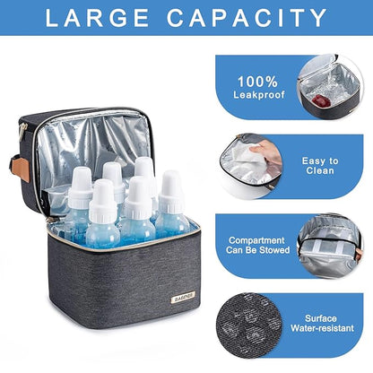 Breastmilk Cooler Bag with Ice Pack Fits 6 Baby Bottles up to 9 Ounce, Breastmilk Pump Cooler Bag with Shoulder Strap for Nursing Mom Daycare, Work, Travel- Grey