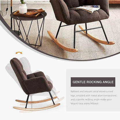 Nursery Rocking Chair, Teddy Upholstered Glider Rocker with High Backrest Armchair, Modern Rocking Accent Chairs for Nursery, Living Room, Bedroom, Offices (Brown)