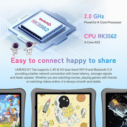 UMIDIGI Kids Tablet, G1 Tab Android 13 for Kids, 10.1", 4+4G+64G up to 1TB, WiFi 6, 8MP+8MP Dual Camera, Quad-Core, 6000mAh, BT5.0, TÜV Eye Bluelight Tablet Android, Parental Control