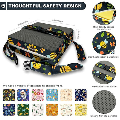 Toddler Booster Seat for Dining Table, Portable Booster Seat for Kitchen Chair, 4 Inch High-Density Foam Cushion with Adjustable Safety Straps and Non-Slip Bottom, Perfect for Kids Travel and Daily