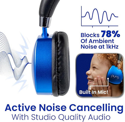 Puro Sound Labs PuroQuiet Plus Noise Cancelling Headphones for Kids, Bluetooth Kids On Ear Headphones with Mic, Lightweight On-Ear Design, Studio-Grade Sound (Blue)