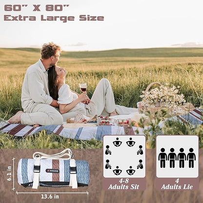 Waterproof Picnic Mat, Outdoor Camping Oversized Field Blanket. Portable Thickened Camping Blanket, Suitable for Beach, Camping, Music Festival, Party, Outdoor Adventure. (Brown&Blue&White, 80”x60”)