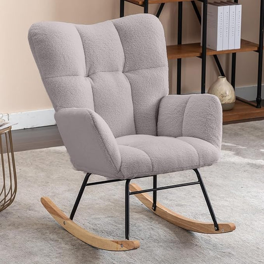 NIOIIKIT Nursery Rocking Chair Velvet Upholstered Glider Rocker Rocking Accent Chair Padded Seat with High Backrest Armchair Comfy Side Chair for Living Room Bedroom Offices (Light Gray)