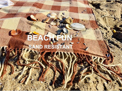 Picnic Blanket Extra Large Waterproof with Strap 59"x79" - Machine Washable Tassels Faux Wool Cashmere for Park, Grass, Camping, Hiking, Concerts (Coffee Plaid, 59"X79")