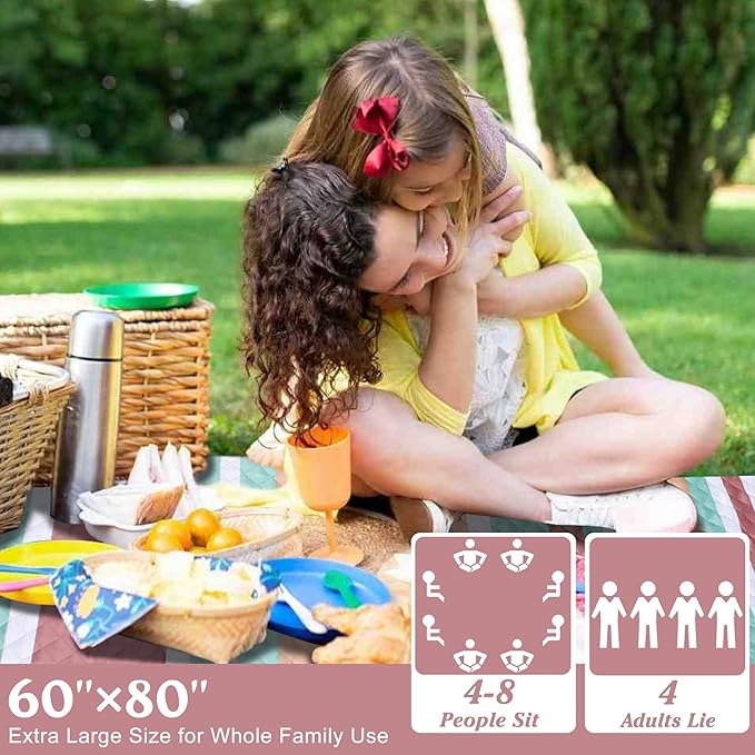 Waterproof Picnic Blanket 80" x 60" in Portable with Carry Strap for Beach Mat or Family Outdoor Camping Party, Park Blanket for Grass Park, Hiking, Travel, Concerts (Orange&Brown, 80" x 60")