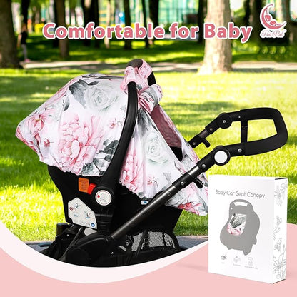 Pea Pod Car Seat Cover for Baby Girls, Floral Infant Car Seat Canopy Cover for Newborn, with 2 Layers Windows of Breathable Mesh/Fabric, 3D Minky Dot Backing, Ultra Soft & Comfortable