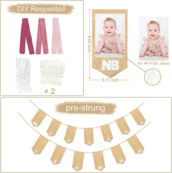 pinkblume 1st Birthday Burlap Photo Banner Garland Handmade Felt from Newborn to 12 Months with Gradient Dusty Pink Ribbon for Baby Girl First Birthday Monthly Milestones Party Decorations Supplies