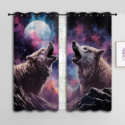 Wolf Blackout Curtains for Boys Girl Bedroom Decor,Fantasy Starry Sky Galaxy Forest Wildlife Thermal Insulated Grommet Drapes Darkening Window Curtain for Living Room Home 42x45 inch