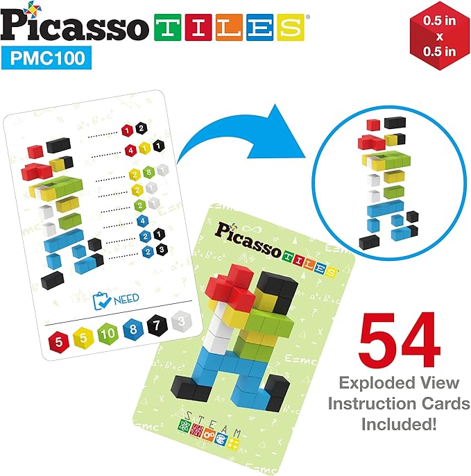 PicassoTiles 100pcs 0.5” Pixel Magnetic Puzzle Cube Mix & Match Cubes Sensory Toys STEAM Education Learning Building Block Magnets Children Construction Toy Set Stacking Magnet Creative Kit PMC100