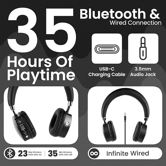 Puro Sound Labs PuroQuiet Plus Kids Noise Cancelling Headphones, Bluetooth Kids On Ear Headphones with Mic, Lightweight On-Ear Design, Studio-Grade Sound (Black)