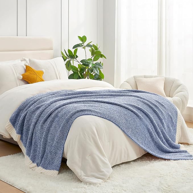 Snuggle Sac Royal Blue Blanket Twin Size for Bed and Sofa, Reversible Super Soft Blankets Warm Cozy Knit Blankets Fuzzy Plush Blankets, Heather Blue, 60x80 inches