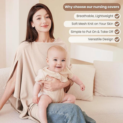 Konssy Nursing Cover for Breastfeeding, Soft & Breathable Privacy Poncho, Multi-Use Feeding Shawl, Comfortable & Portable Breastfeeding Cover for Women (Beige)
