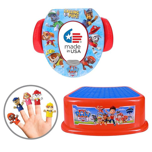 Nickelodeon PAW Patrol "Calling All Pups" 3 Piece Must Have Potty Training Set - Soft Potty Seat, Step Stool, Finger Puppets - Boy Potty Training