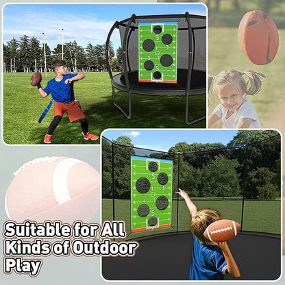 jumpfly Trampoline Football Game Accessories, Toss Throwing Target Net Fits 8 FT/10 FT/12 FT/14 FT Recreational Trampolines with Two Footballs - Trampoline Indoor Outdoor Party Games for Kids
