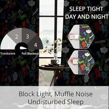 Kids Teen Graffiti Space Blackout Curtains - 100% Blackout, Thermal Insulated, Noise Reducing, Perfect for Kids Room and Nursery, 2 Panels (Graffiti Space Vibes, W52×L63)