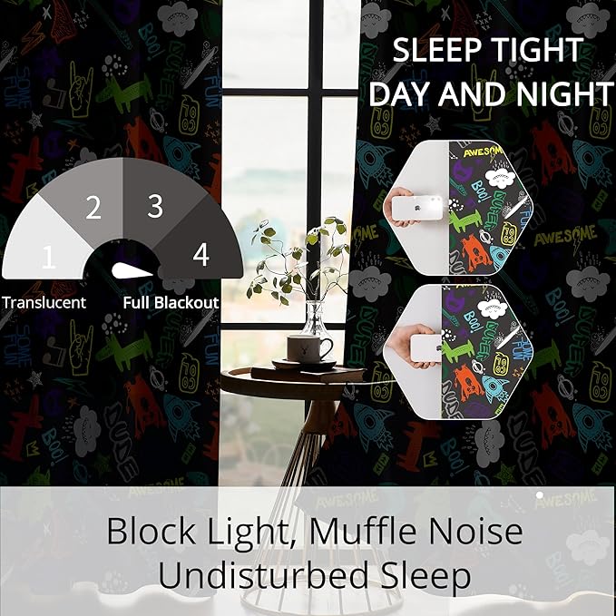 Kids Teen Graffiti Space Blackout Curtains - 100% Blackout, Thermal Insulated, Noise Reducing, Perfect for Kids Room and Nursery, 2 Panels (Graffiti Space Vibes, W52×L84)