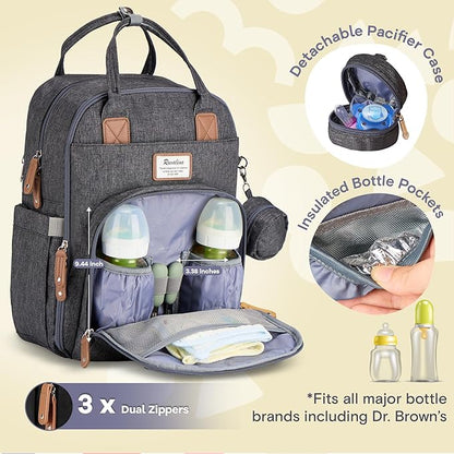 RUVALINO Diaper Bag Backpack, Multifunction Travel Pack Maternity Baby Changing Bags, Large Capacity, Waterproof, Dark Gray