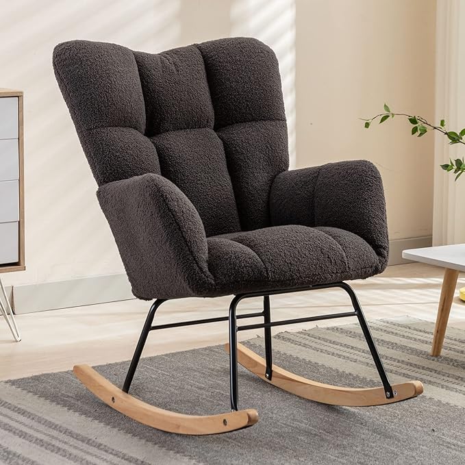 NIOIIKIT Nursery Rocking Chair Teddy Upholstered Glider Rocker Rocking Accent Chair Padded Seat with High Backrest Armchair Comfy Side Chair for Living Room Bedroom Offices (Dark Grey)