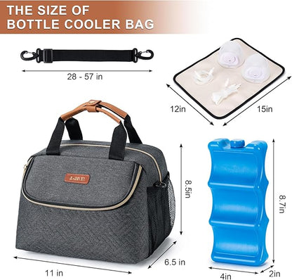 Breastmilk Cooler Bag with Ice Pack Fits 6 Baby Bottles up to 9 Ounce, Wearable Breast Pumps Cooler Bag for Nursing Mom Daycare, Work, Travel- Dark Grey