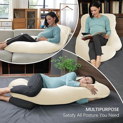 MOON PARK Pregnancy Pillows for Sleeping - U Shaped Full Body Maternity Pillow with Removable Cover - Support for Back, Legs, Belly, HIPS - 65 Inch - Ivory - Cooling Cover