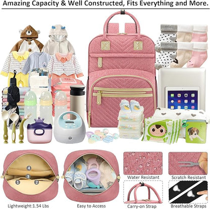 Baby Diaper Bag Backpack Tote for Women Large Capacity with Insulated Pockets Multifunctional Waterproof Diaper Bags For Baby Girl Boy Mama Maternity Travel Bag Pink