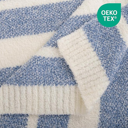 NEXHOME PRO Stripe Cozy Blanket, Knit Fuzzy Throw Blanket for Couch Bed Sofa Picnic, Ultra Soft Blankets for Women Gifts Blue 50 x 60 inches