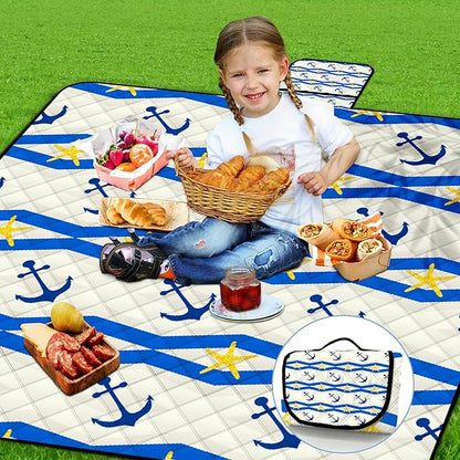Poedist Extra Large Picnic Blanket Waterproof,80"x 80"Foldable Machine Washable Beach Blanket,Outdoor Blanket for 6-8 Adults,Suitable for Indoor Crawling,Park Beach,Camping,Hiking,Family Travel(Boat)