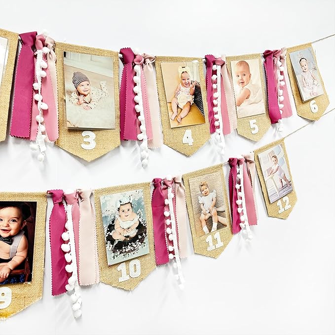 pinkblume 1st Birthday Burlap Photo Banner Garland Handmade Felt from Newborn to 12 Months with Gradient Dusty Pink Ribbon for Baby Girl First Birthday Monthly Milestones Party Decorations Supplies