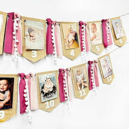 pinkblume 1st Birthday Burlap Photo Banner Garland Handmade Felt from Newborn to 12 Months with Gradient Dusty Pink Ribbon for Baby Girl First Birthday Monthly Milestones Party Decorations Supplies