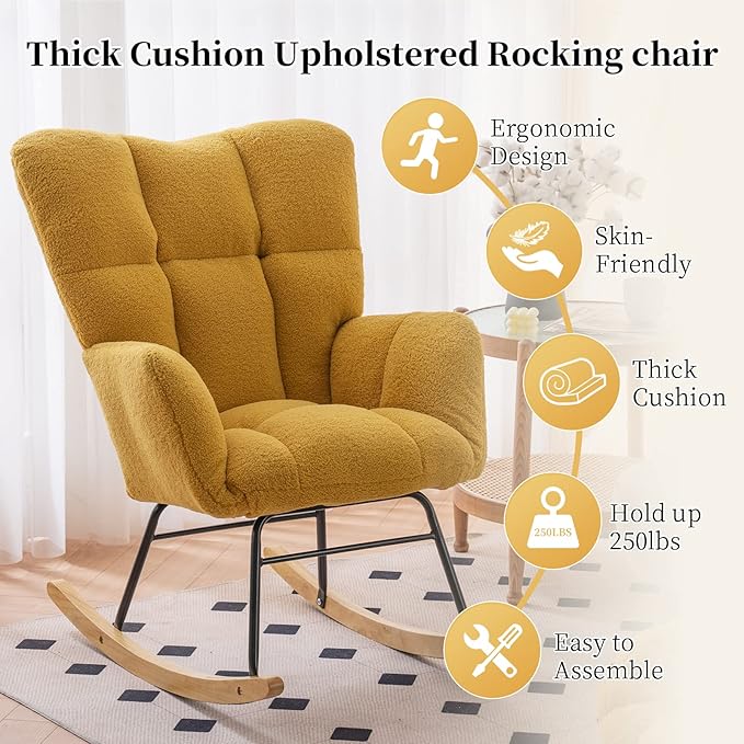 NIOIIKIT Nursery Rocking Chair Teddy Upholstered Glider Rocker Rocking Accent Chair Padded Seat with High Backrest Armchair Comfy Side Chair for Living Room Bedroom Offices (Yellow Teddy)