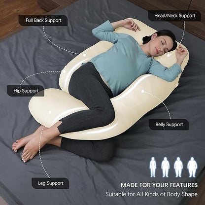 MOON PARK Pregnancy Pillows for Sleeping - U Shaped Full Body Maternity Pillow with Removable Cover - Support for Back, Legs, Belly, HIPS - 57 Inch - Ivory - Cooling Cover