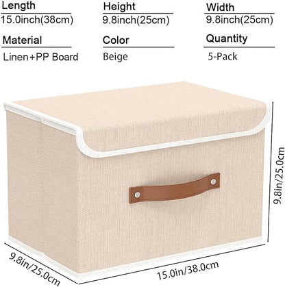 Yawinhe Collapsible Storage Boxes, Linen Fabric Baskets, Bin with lid and Leather Handle, Washable, for Home, Closet, Beige, 15.0''Lx9.8''Wx9.8''H, 5-Pack, USNK024BEL-5