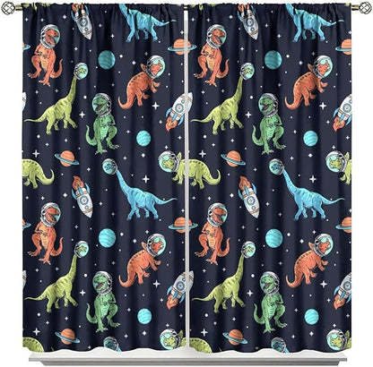 Cartoon Dinosaur Curtains for Kids Boys Girls Home Decor, Astronaut Rocket Funny Outer Space Blackout Rod Pocket Window Drapes for Bedroom Living Room W31.5xL72in 2 Panels