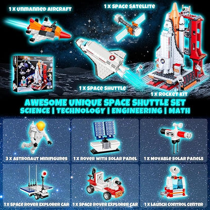 Space Exploration Shuttle Toys Gifts for 6 7 8 9 10 11 12 Year Old Kids, Girls, Boys, 12-in-1 STEM Projects Rocket Building Toy Kit with 3 Astronauts, Airplane Rocket Set Xmas Ideas, 885 Pcs