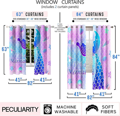 Mermaid Curtains Panels for Girls Room Pink Mermaid Blackout Curtains 63 inch Length for Girls Bedroom Living Nursery Room Grommet Top Thermal Insulated Curtains, 2 Pcs Panels, 82" x 63"