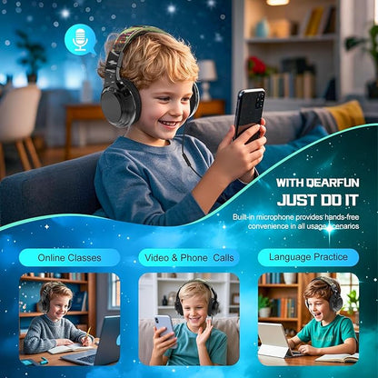 QearFun Kids Headphones Wired with Mic, 85/94dB Safe Volume Limit, Foldable Over Ear, Tangle-Free Cord & Sharing Port, Wired On-Ear Headset for School, Chromebook, Tablet, Travel - Boys & Girls
